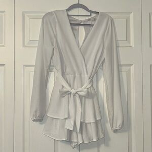 Altar’d State- White Long Sleeve Romper with Tie Front